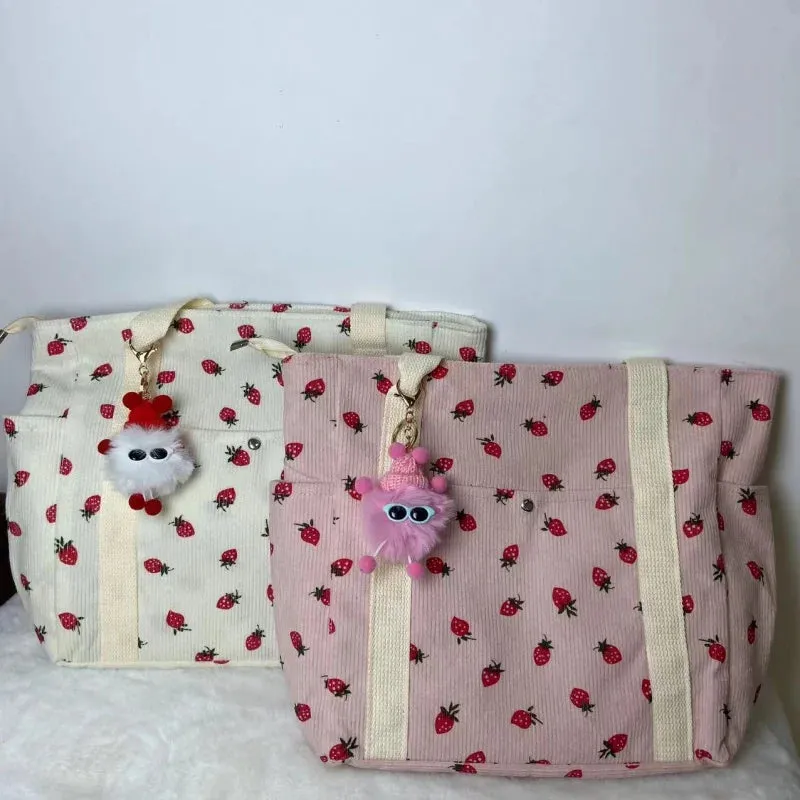 🍓 Adorable Strawberry Corduroy Shoulder Bag 🎒 Stylish & Spacious Classroom Tote! 🌸