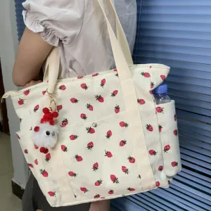 🍓 Adorable Strawberry Corduroy Shoulder Bag 🎒 Stylish & Spacious Classroom Tote! 🌸
