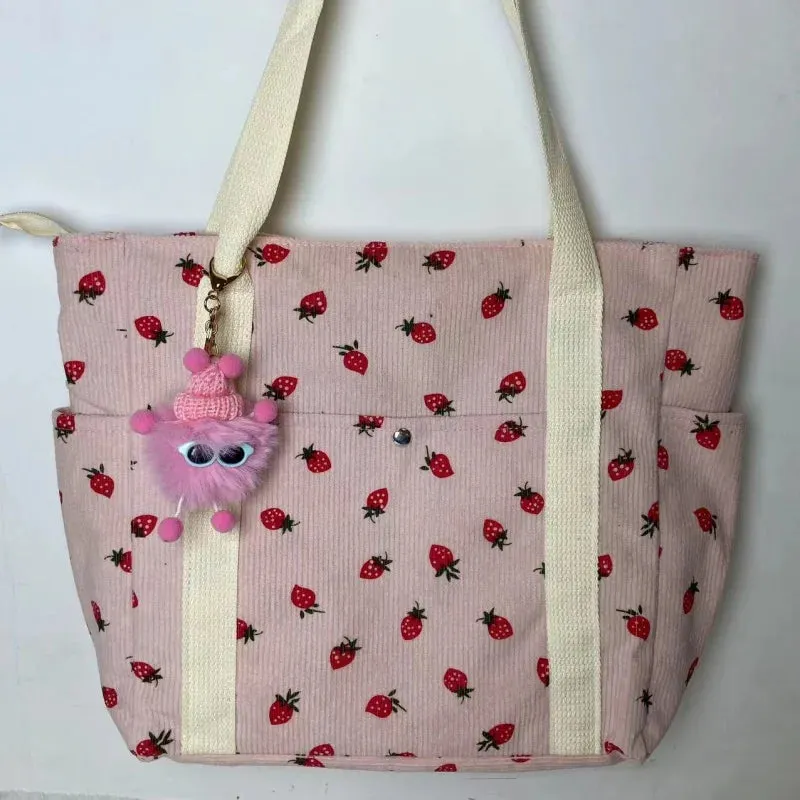 🍓 Adorable Strawberry Corduroy Shoulder Bag 🎒 Stylish & Spacious Classroom Tote! 🌸