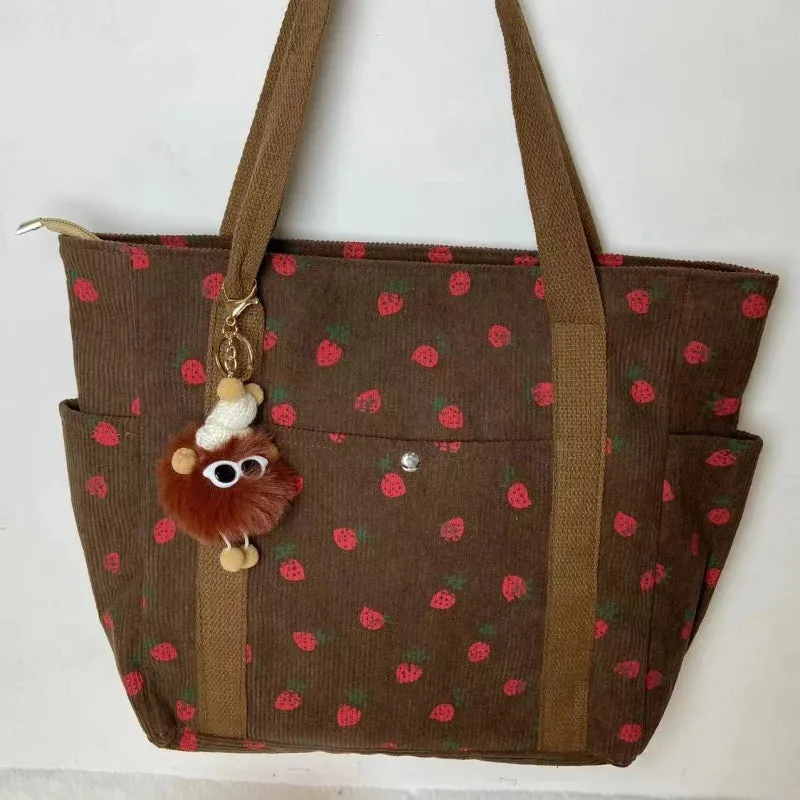 🍓 Adorable Strawberry Corduroy Shoulder Bag 🎒 Stylish & Spacious Classroom Tote! 🌸