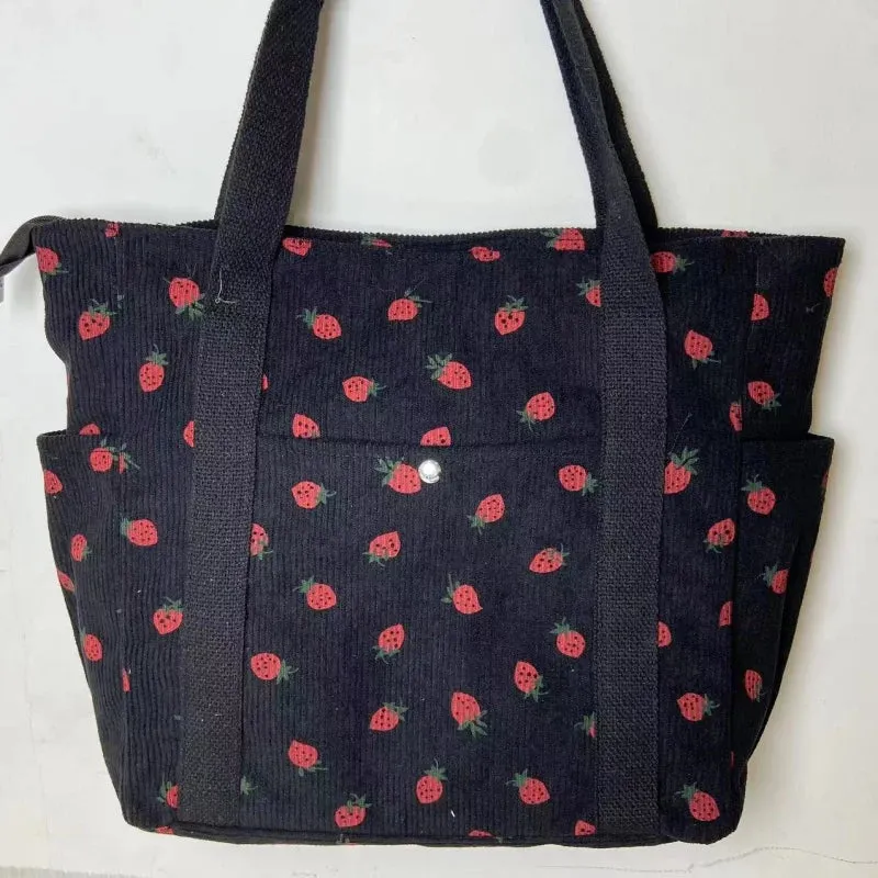 🍓 Adorable Strawberry Corduroy Shoulder Bag 🎒 Stylish & Spacious Classroom Tote! 🌸