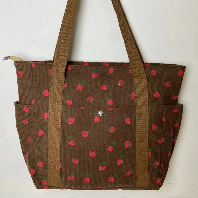 🍓 Adorable Strawberry Corduroy Shoulder Bag 🎒 Stylish & Spacious Classroom Tote! 🌸