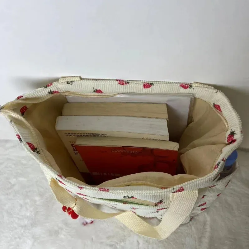 🍓 Adorable Strawberry Corduroy Shoulder Bag 🎒 Stylish & Spacious Classroom Tote! 🌸