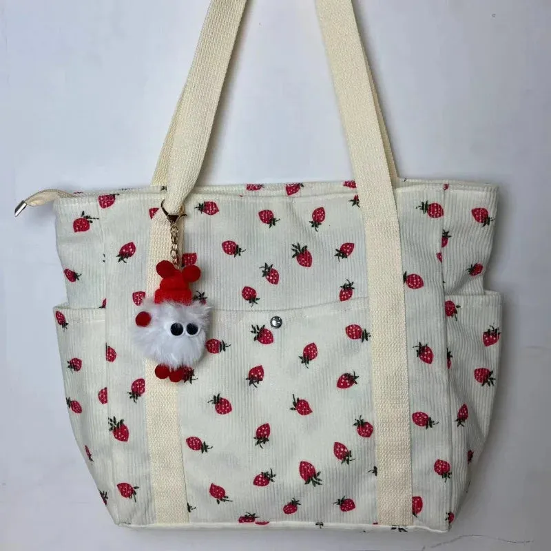 🍓 Adorable Strawberry Corduroy Shoulder Bag 🎒 Stylish & Spacious Classroom Tote! 🌸