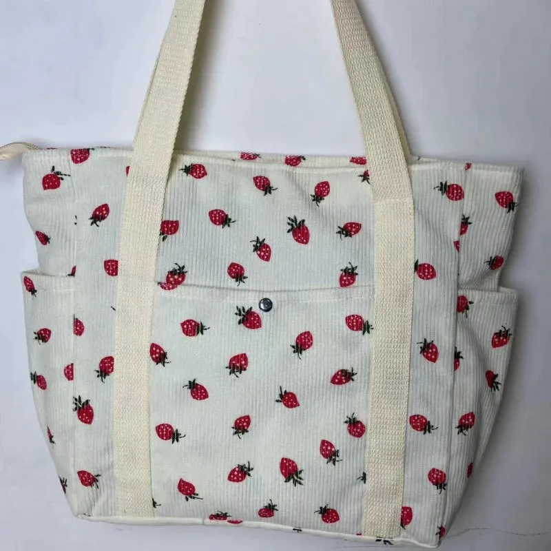 🍓 Adorable Strawberry Corduroy Shoulder Bag 🎒 Stylish & Spacious Classroom Tote! 🌸
