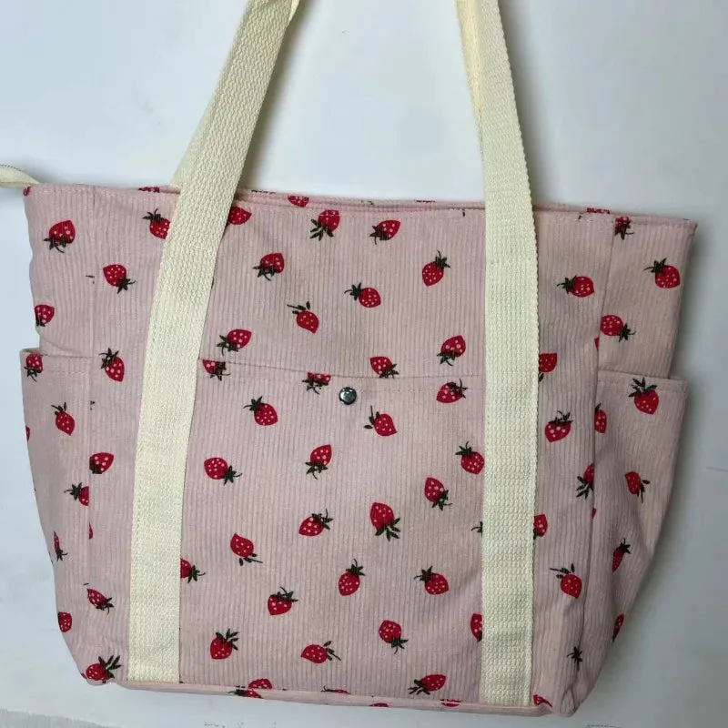 🍓 Adorable Strawberry Corduroy Shoulder Bag 🎒 Stylish & Spacious Classroom Tote! 🌸