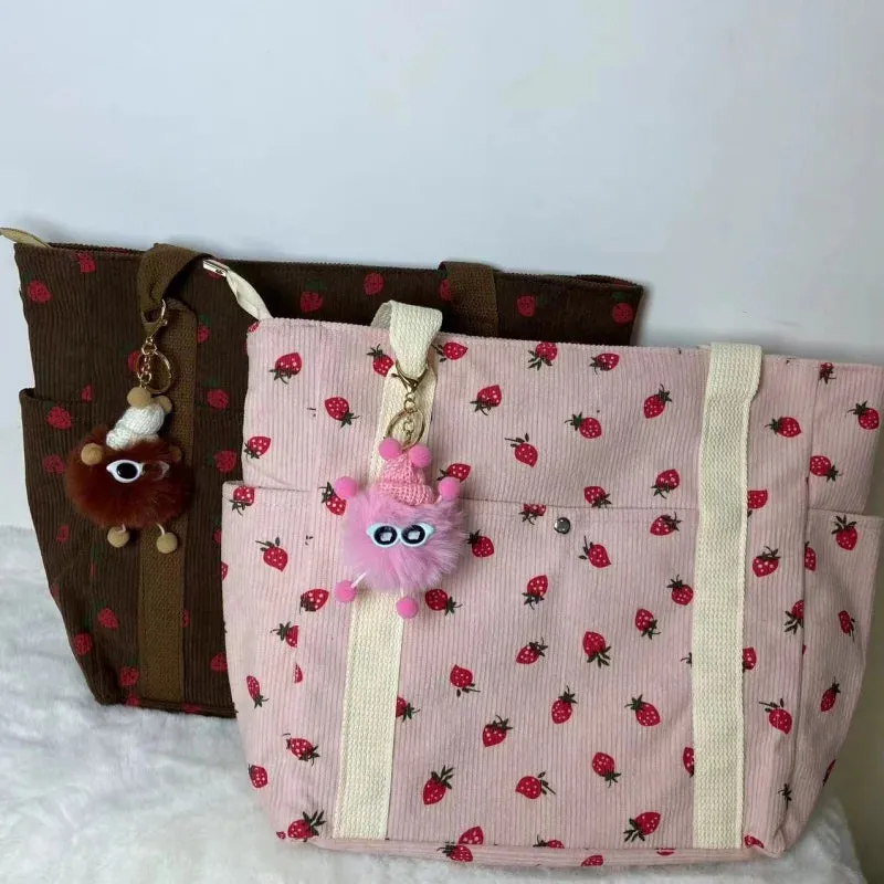 🍓 Adorable Strawberry Corduroy Shoulder Bag 🎒 Stylish & Spacious Classroom Tote! 🌸
