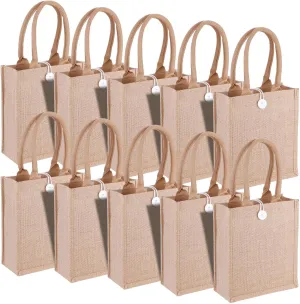 10 Pack Reusable Jute Tote Bags with Handles, 11X9.4X4 Inch Natural Blank Burlap Tote for Grocery Shopping, Weddings, Travel, Bachelorette Parties & DIY Embroidery Crafts