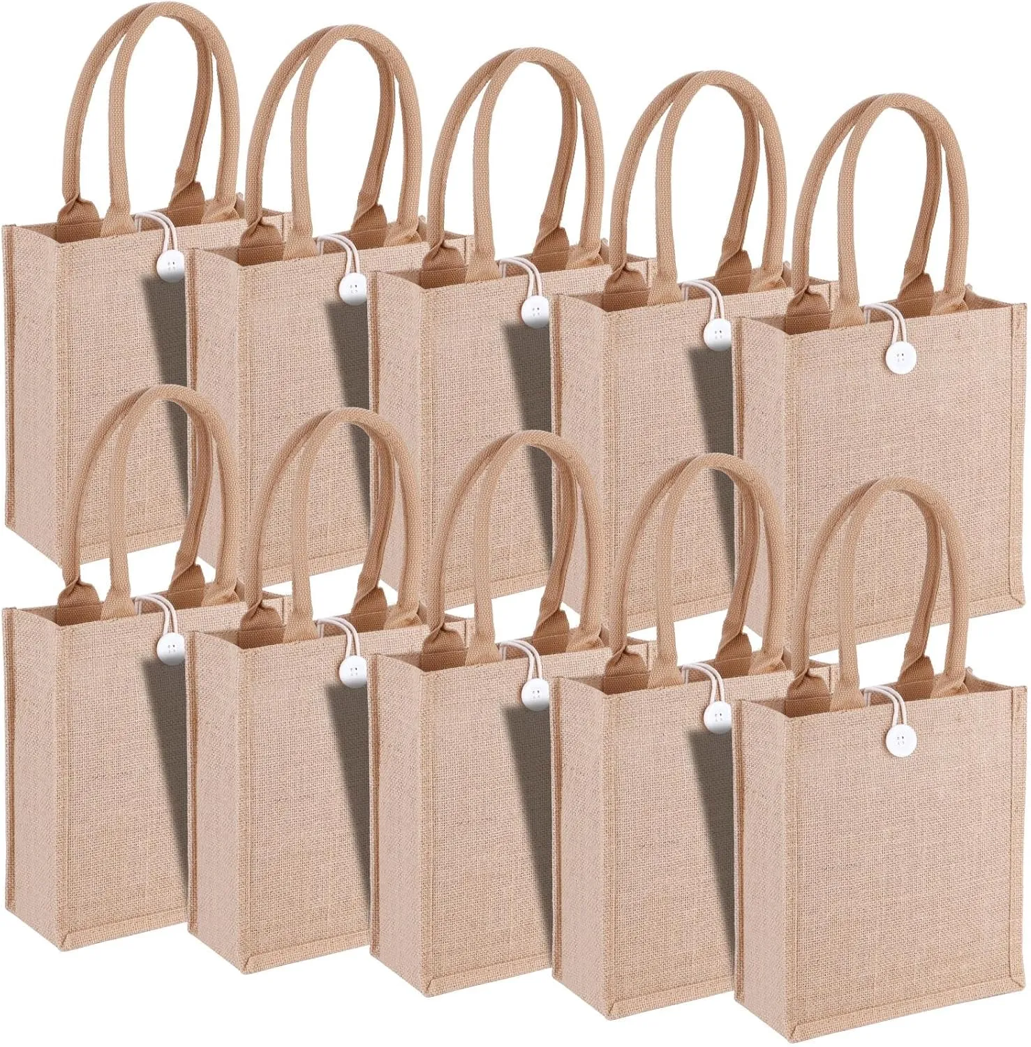10 Pack Reusable Jute Tote Bags with Handles, 11X9.4X4 Inch Natural Blank Burlap Tote for Grocery Shopping, Weddings, Travel, Bachelorette Parties & DIY Embroidery Crafts