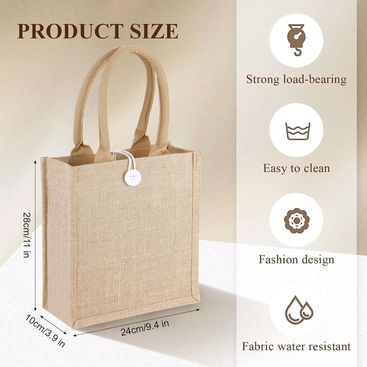 10 Pack Reusable Jute Tote Bags with Handles, 11X9.4X4 Inch Natural Blank Burlap Tote for Grocery Shopping, Weddings, Travel, Bachelorette Parties & DIY Embroidery Crafts