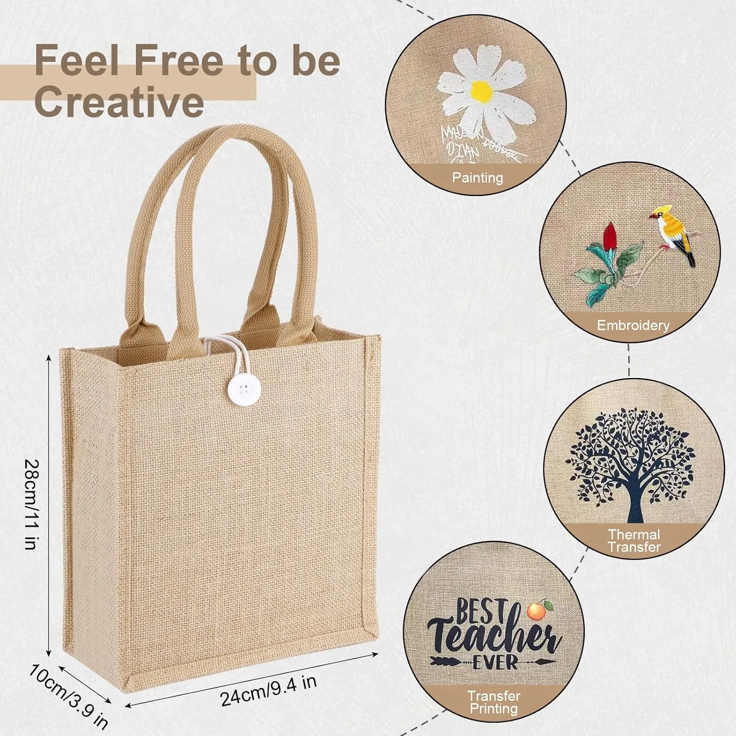 10 Pack Reusable Jute Tote Bags with Handles, 11X9.4X4 Inch Natural Blank Burlap Tote for Grocery Shopping, Weddings, Travel, Bachelorette Parties & DIY Embroidery Crafts