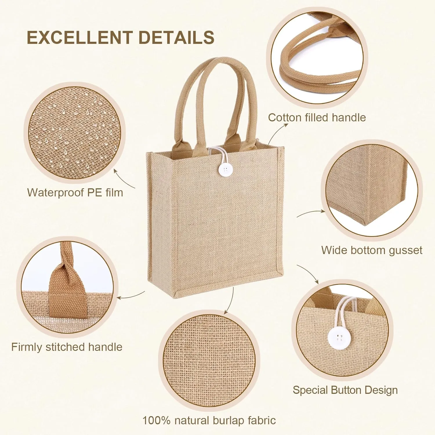 10 Pack Reusable Jute Tote Bags with Handles, 11X9.4X4 Inch Natural Blank Burlap Tote for Grocery Shopping, Weddings, Travel, Bachelorette Parties & DIY Embroidery Crafts