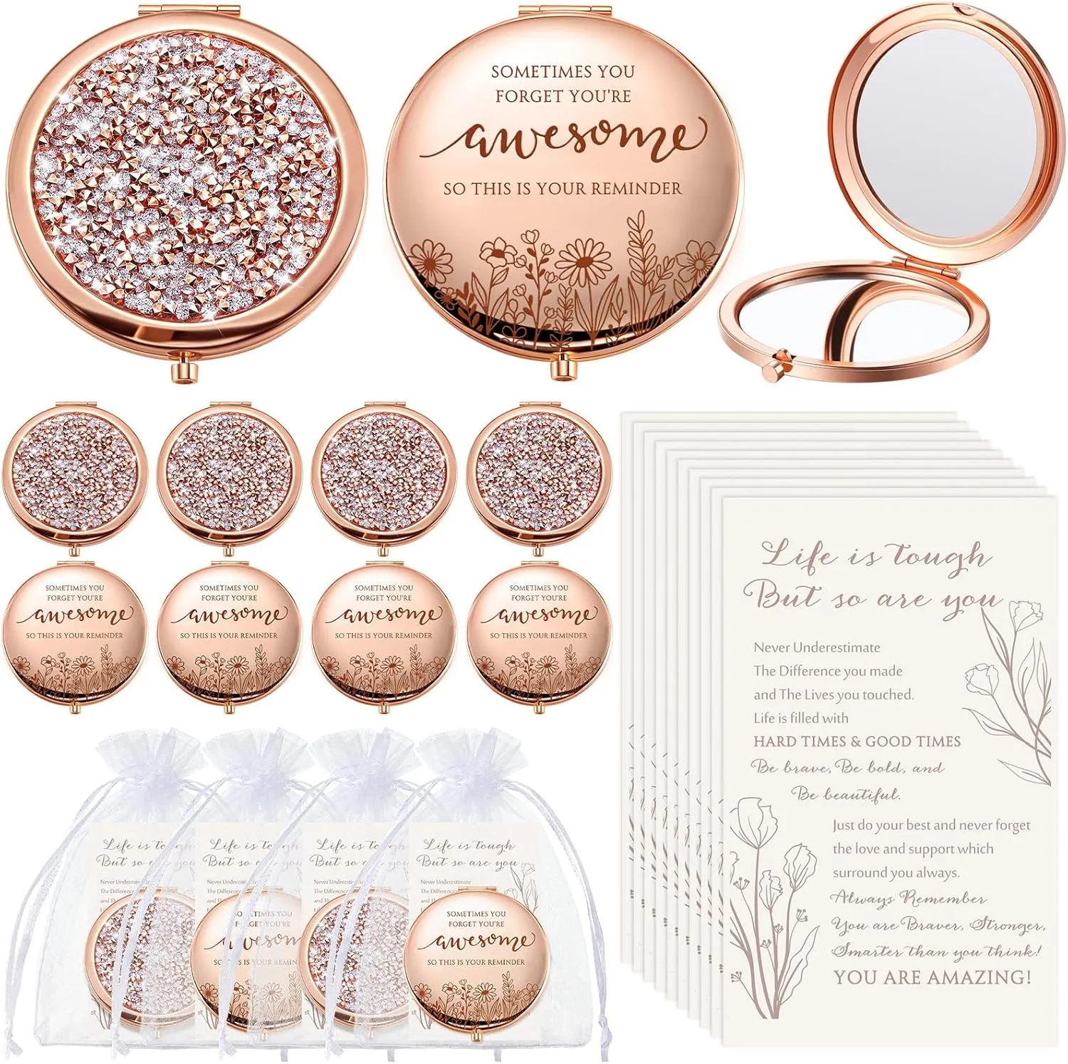10 Sets Women Gifts Inspirational Compact Mirror Makeup Rhinestone Purse Double Sided Folding Mirror with Gift Cards for Women Party Favors Cna Week Gift Nurse Adults