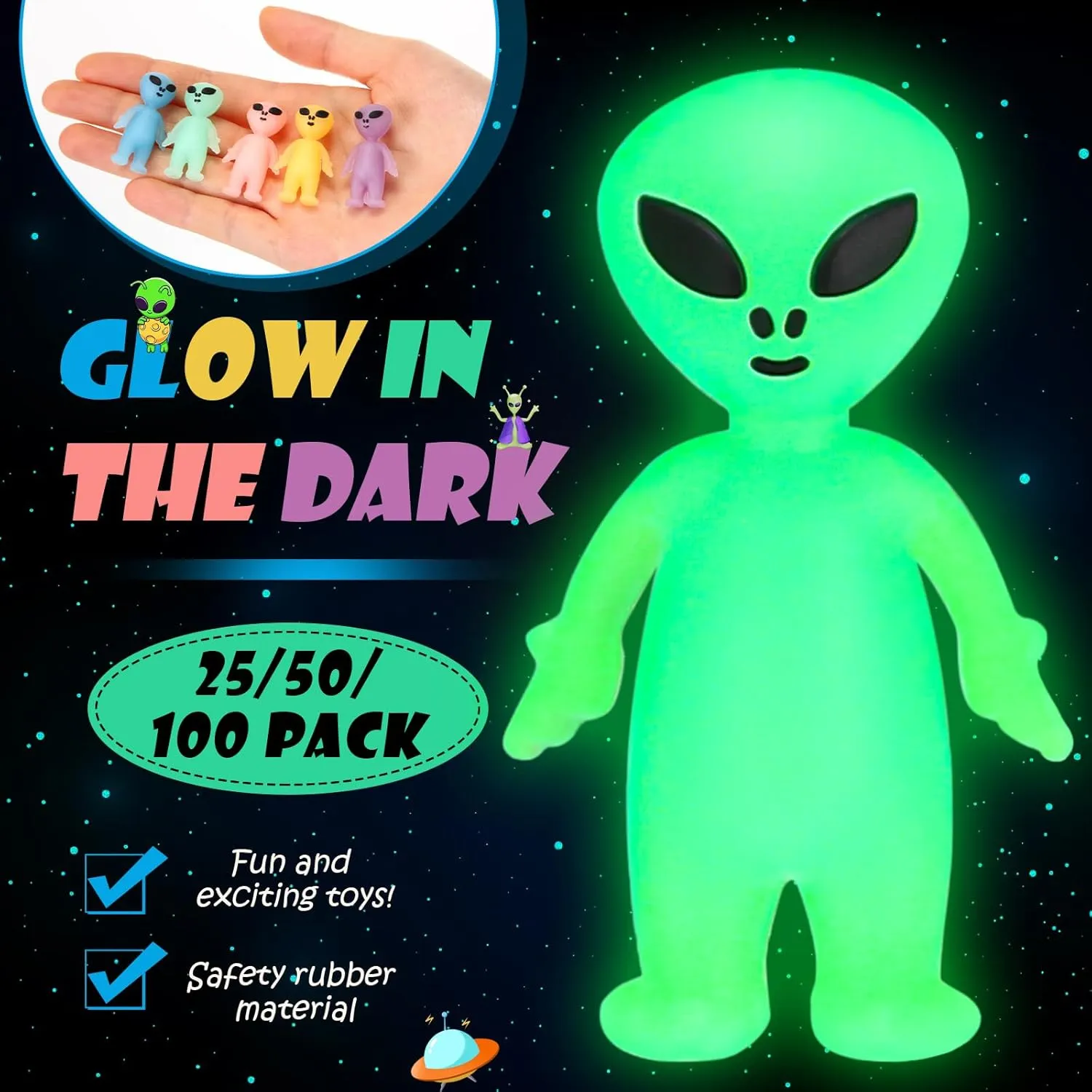 100 Colorful Mini Alien Figures Glow in The Dark Small Little Tiny Aliens Figurine for Space Party Favors Prank Rubber Easter Toys Bulk Gifts for Easter Goodie Bag Filler Piñata Stuffers