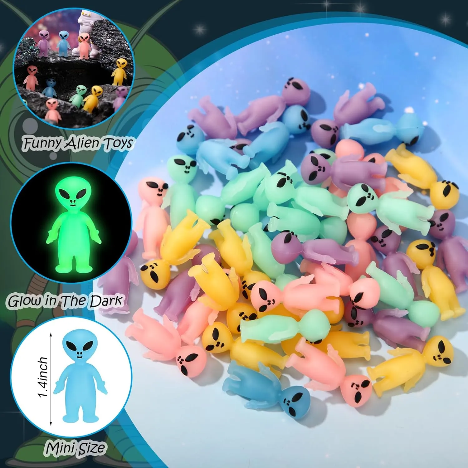 100 Colorful Mini Alien Figures Glow in The Dark Small Little Tiny Aliens Figurine for Space Party Favors Prank Rubber Easter Toys Bulk Gifts for Easter Goodie Bag Filler Piñata Stuffers