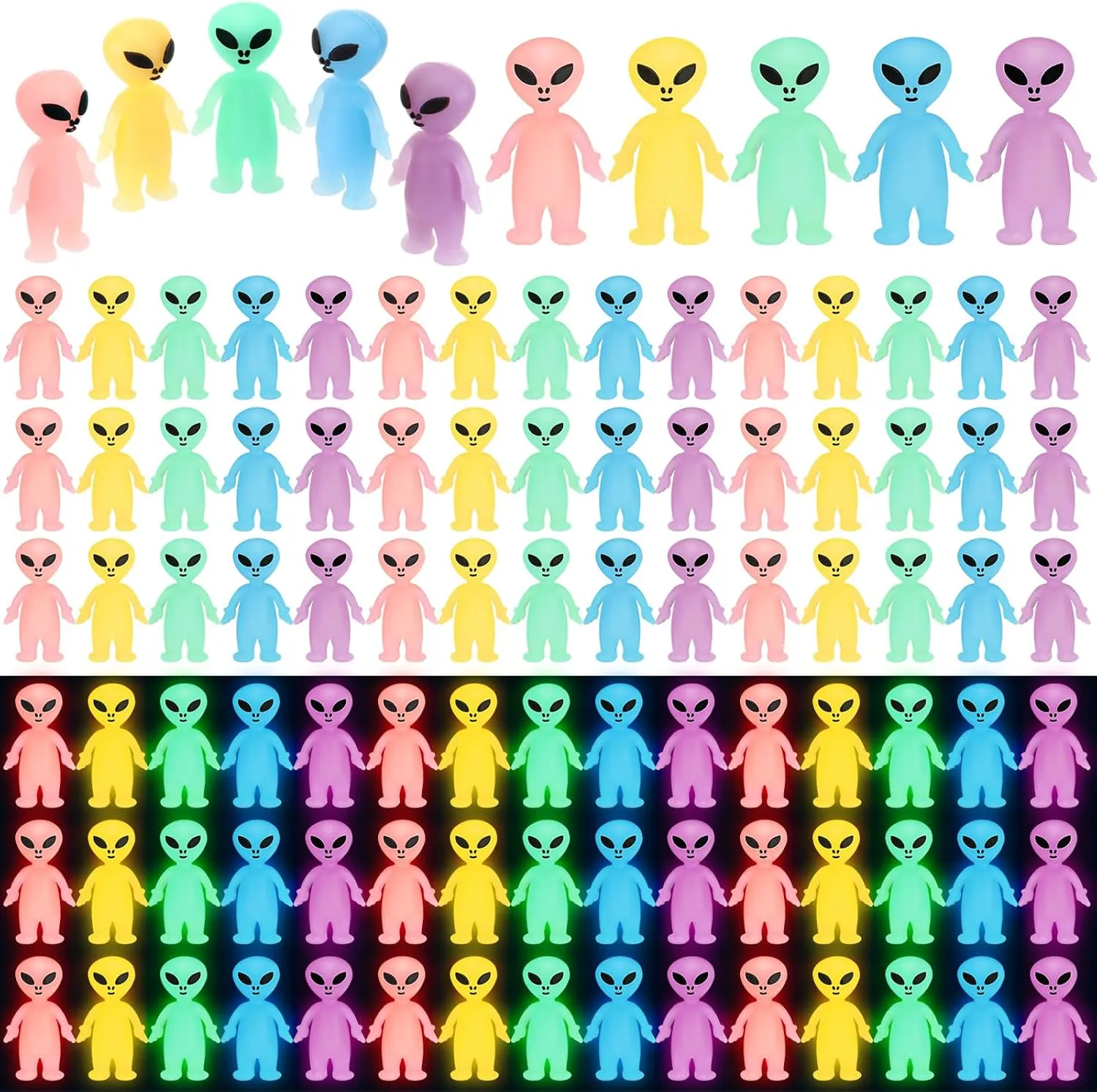 100 Colorful Mini Alien Figures Glow in The Dark Small Little Tiny Aliens Figurine for Space Party Favors Prank Rubber Easter Toys Bulk Gifts for Easter Goodie Bag Filler Piñata Stuffers