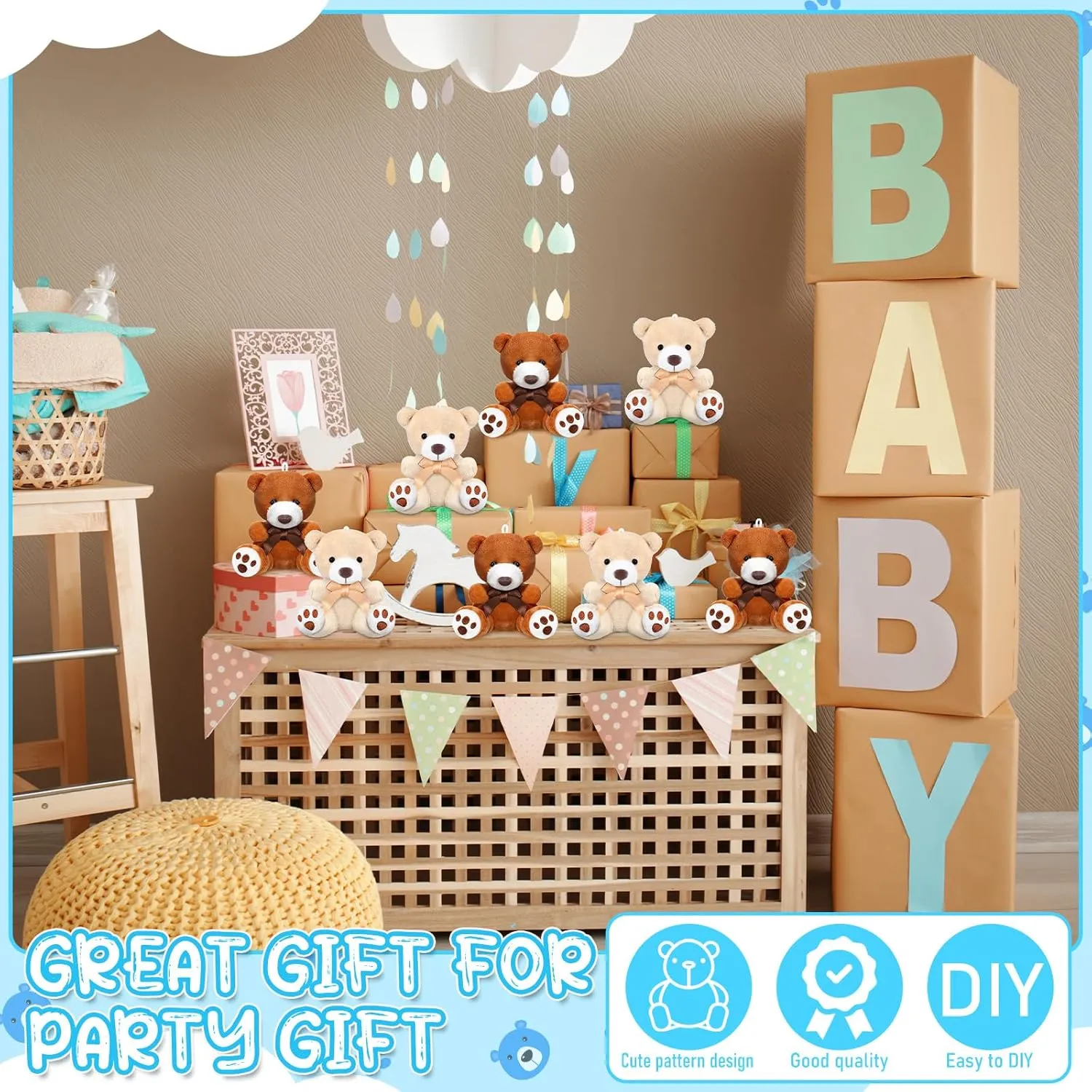 12 Pcs Mini Bears 4 Inch Small Bear Bulk for Baby Shower Tiny Plush Stuffed Animal Toys for Birthday Gender Reveal