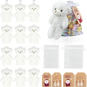 12 Set Miniature Teddy Bears, 4.7 Inch Stuffed Mini Bear with Xmas Tag and White Christmas Organza Bag for Christmas Souvenirs DIY Keychain Xmas Decor Party Favor