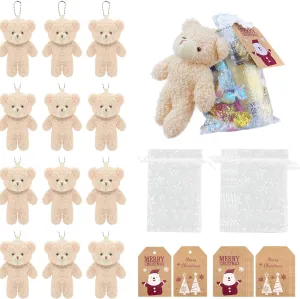 12 Set Miniature White Teddy Bears, 4.7 Inch Stuffed Plush Mini Bear with Xmas Tag and White Christmas Organza Bag for Christmas Souvenirs DIY Keychain Xmas Decor Party Favor