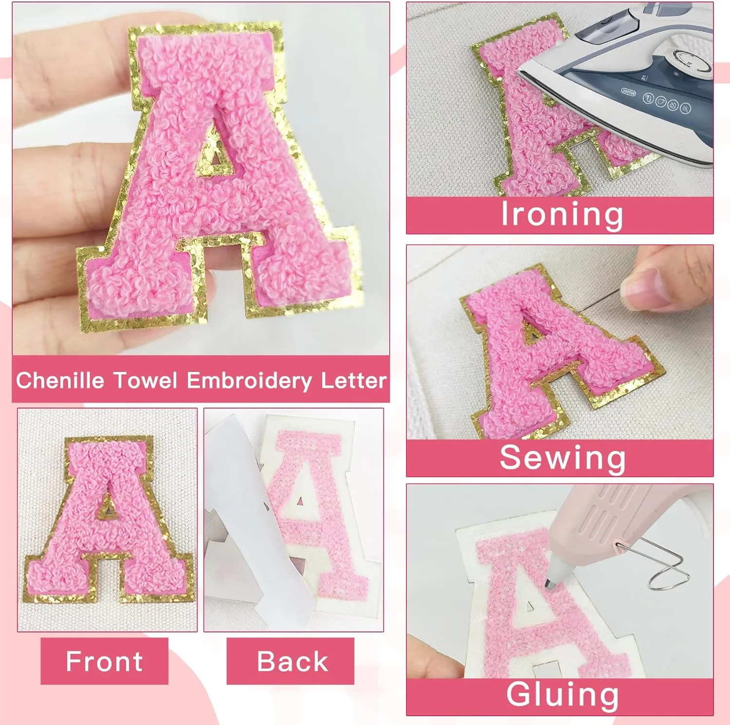 156Pcs Iron on Transfer Chenille Letter Patches,2inch Preppy A-Z Varsity Letter Patches Sew On Embroidered Repair Patch for Clothing Shirts Hats Sport Jerseys Jeans Bags DIY Craft (Pink)