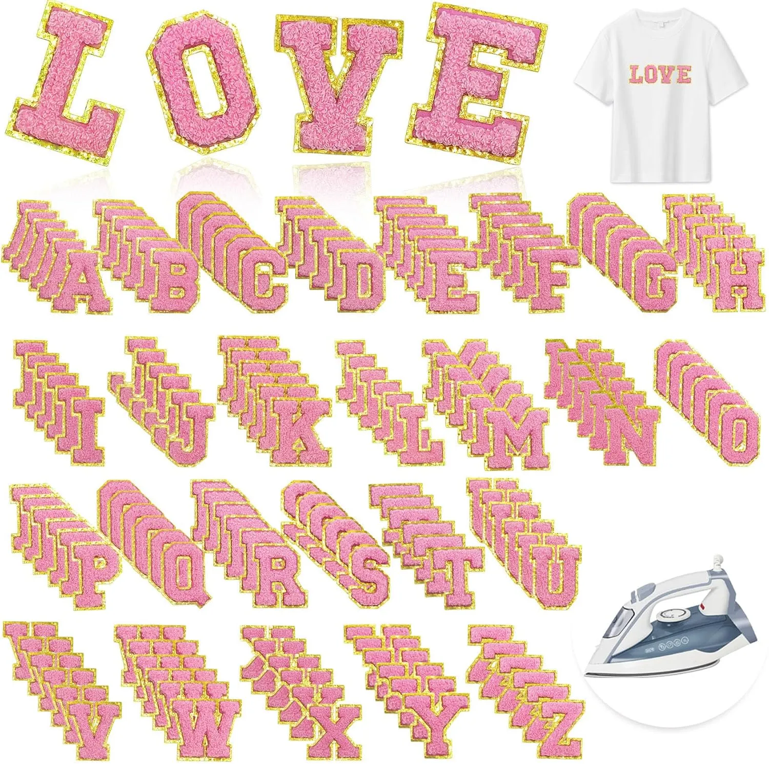 156Pcs Iron on Transfer Chenille Letter Patches,2inch Preppy A-Z Varsity Letter Patches Sew On Embroidered Repair Patch for Clothing Shirts Hats Sport Jerseys Jeans Bags DIY Craft (Pink)