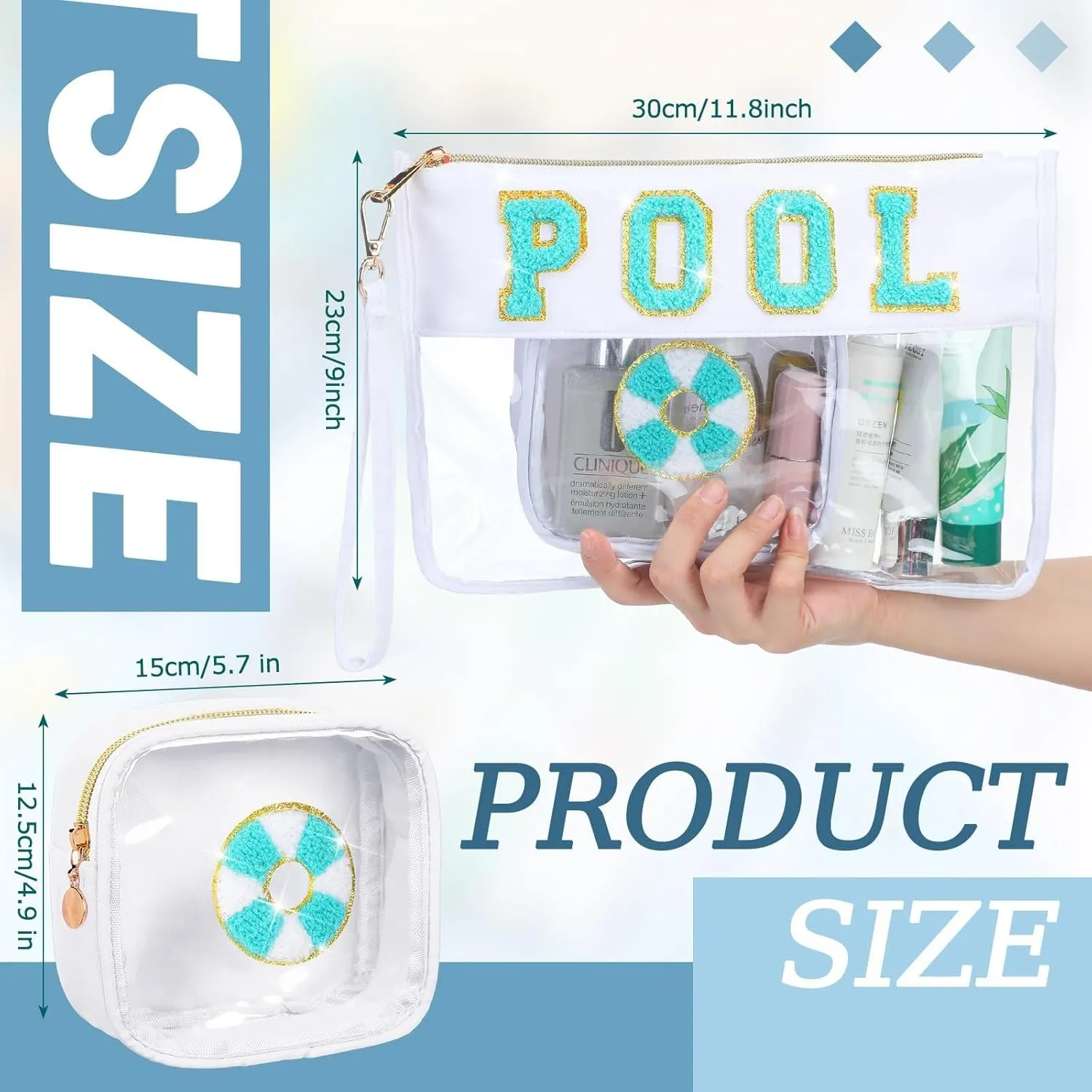 2 Pcs Pool Bag Cosmetic Makeup Bag with Chenille Letter Patch,with Handles PVC Waterproof Clear Makeup Bag,Portable Toiletry Storage Bag