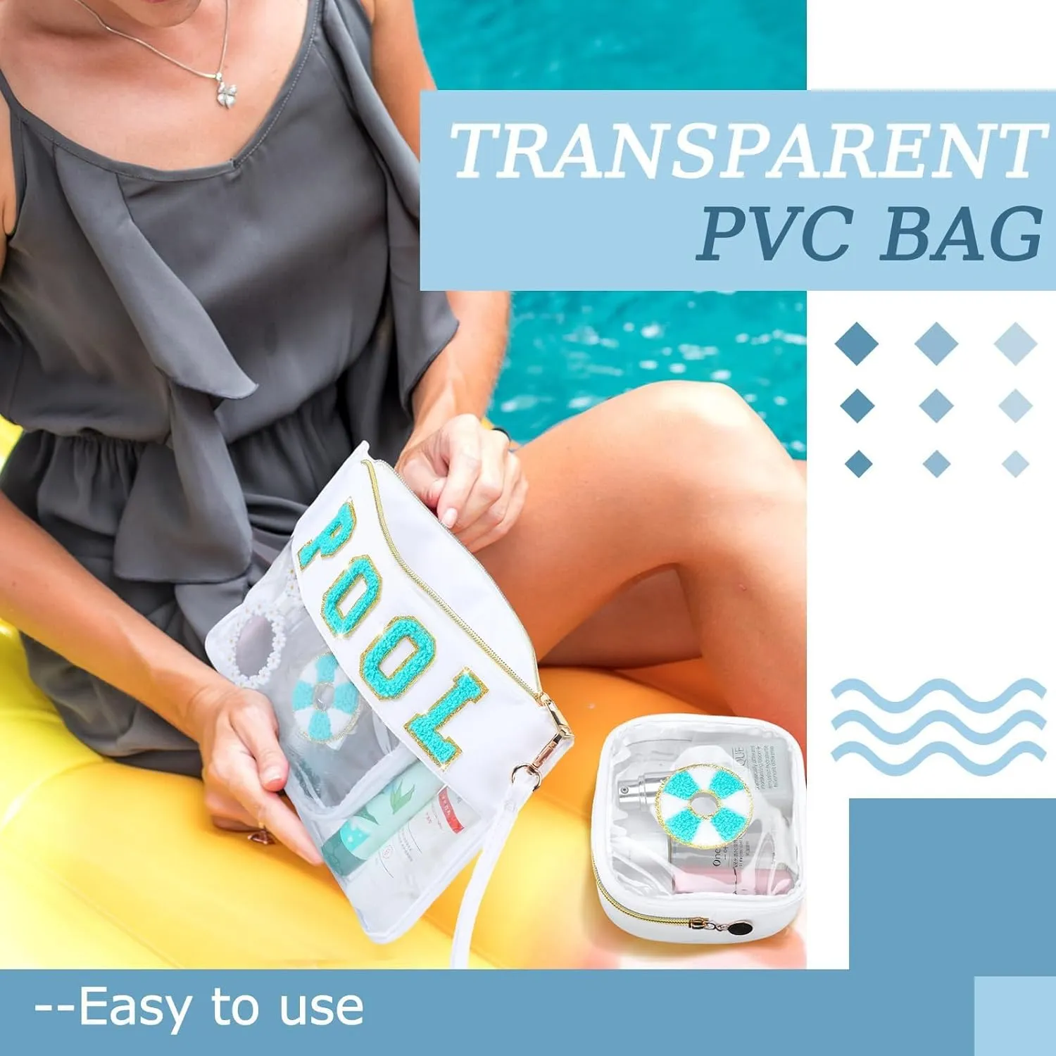 2 Pcs Pool Bag Cosmetic Makeup Bag with Chenille Letter Patch,with Handles PVC Waterproof Clear Makeup Bag,Portable Toiletry Storage Bag