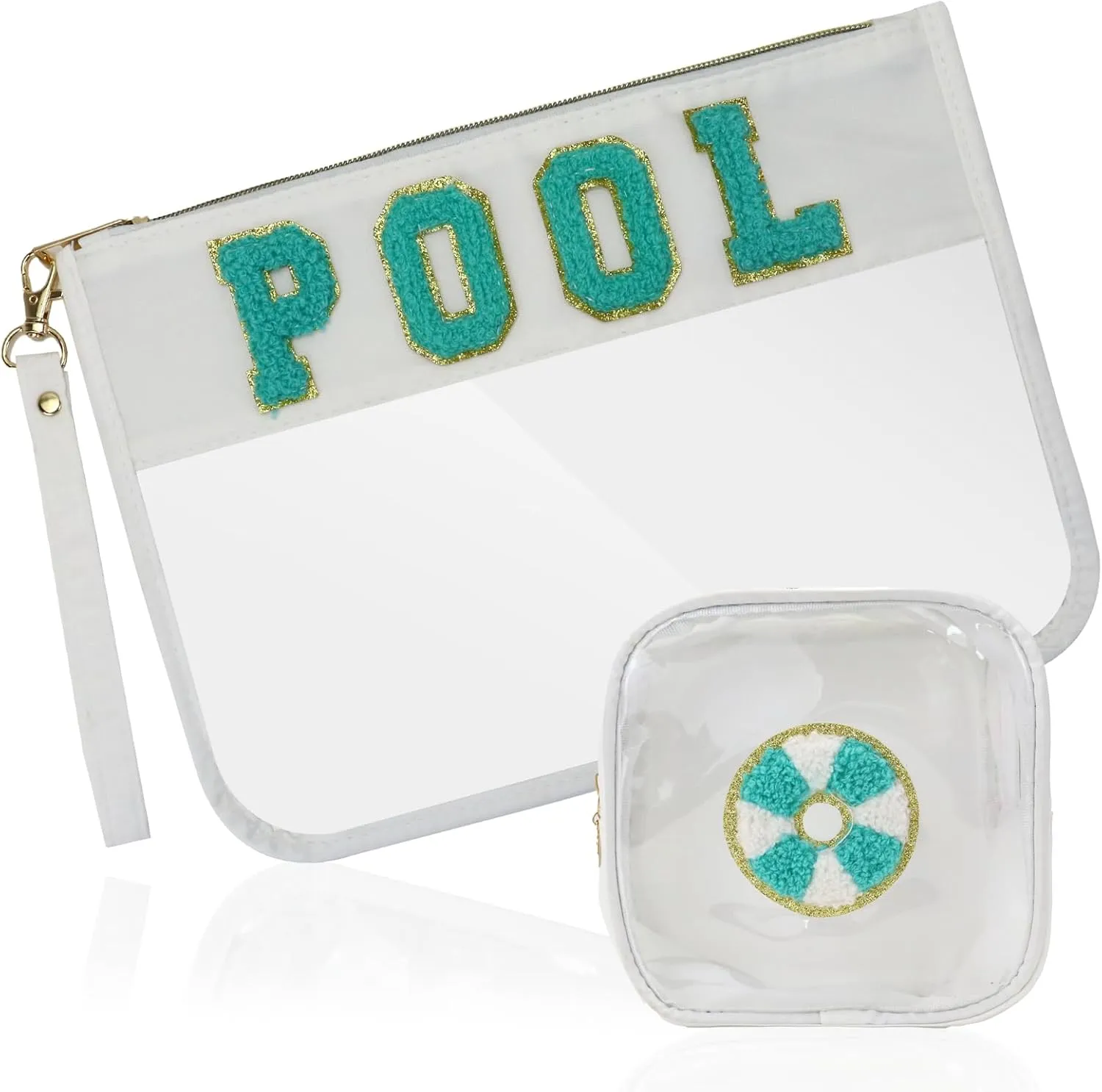 2 Pcs Pool Bag Cosmetic Makeup Bag with Chenille Letter Patch,with Handles PVC Waterproof Clear Makeup Bag,Portable Toiletry Storage Bag