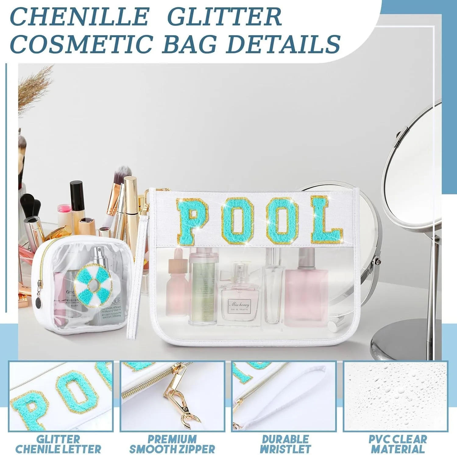 2 Pcs Pool Bag Cosmetic Makeup Bag with Chenille Letter Patch,with Handles PVC Waterproof Clear Makeup Bag,Portable Toiletry Storage Bag