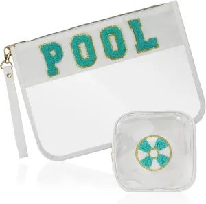2 Pcs Pool Bag Cosmetic Makeup Bag with Chenille Letter Patch,with Handles PVC Waterproof Clear Makeup Bag,Portable Toiletry Storage Bag