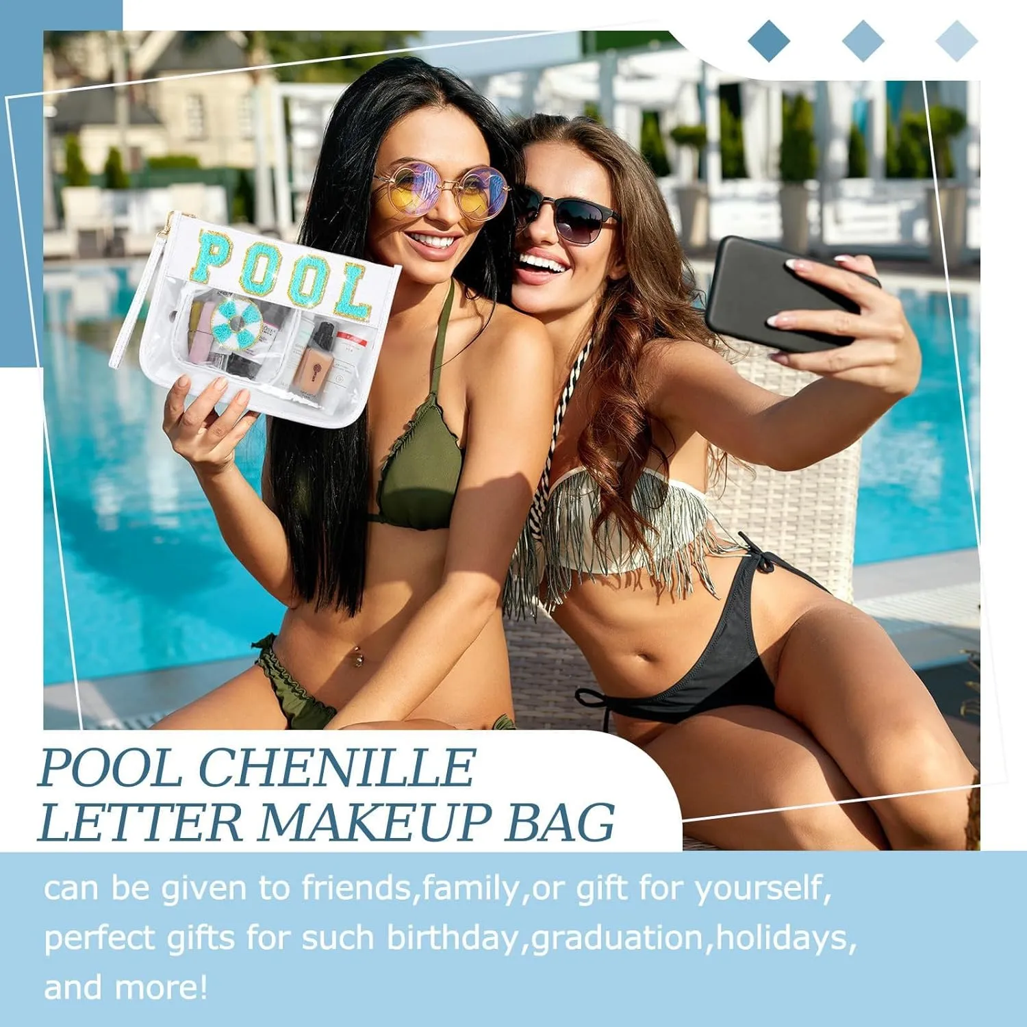 2 Pcs Pool Bag Cosmetic Makeup Bag with Chenille Letter Patch,with Handles PVC Waterproof Clear Makeup Bag,Portable Toiletry Storage Bag