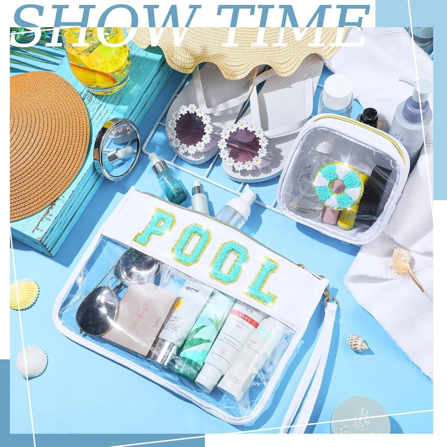 2 Pcs Pool Bag Cosmetic Makeup Bag with Chenille Letter Patch,with Handles PVC Waterproof Clear Makeup Bag,Portable Toiletry Storage Bag