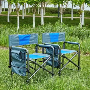 2-Piece Padded Folding Outdoor Chair for Comfort and Convenience, Lightweight Oversized Design with Storage Pockets, Blue/Grey