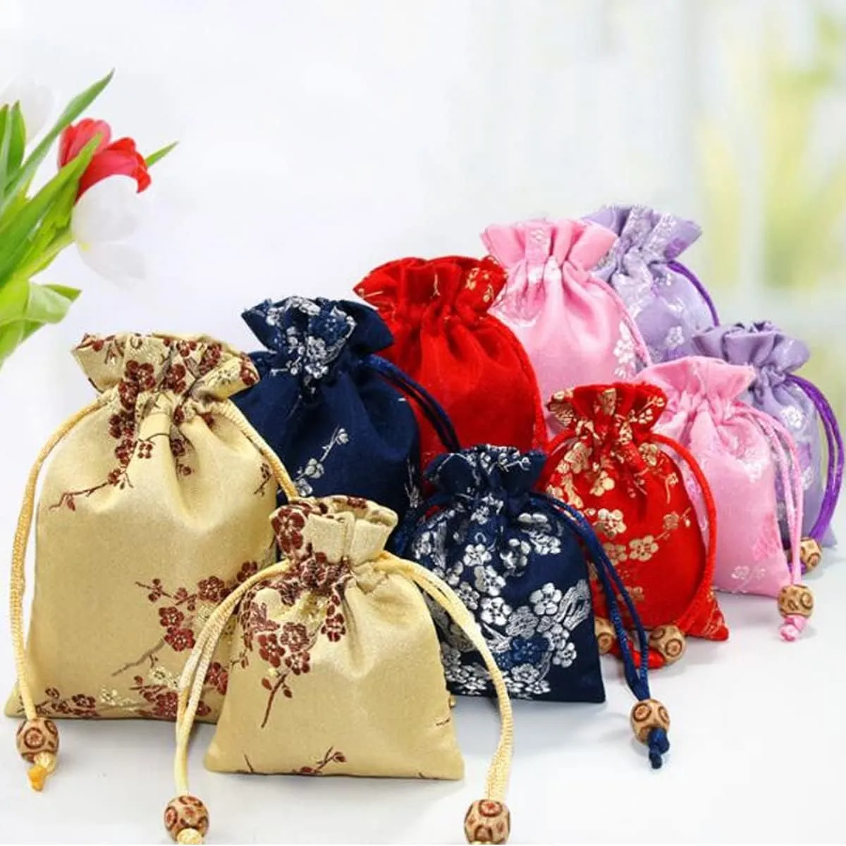 20 Pcs 3.9x5.5 inch Silk Drawstring Bag,Chinese Silk Brocade Embroidered Drawstring Jewelry Pouch Bag Candy Sachet Wallet Jewelry Bag for Wedding,Dark blue