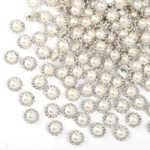 200 Pcs 12MM Sew on Rhinestones White Crystal Glass Metal Base Flower Shape，Flatback Pearls for Crafting，Sewing Accessories for Wedding Clothes and Shoes with Glue