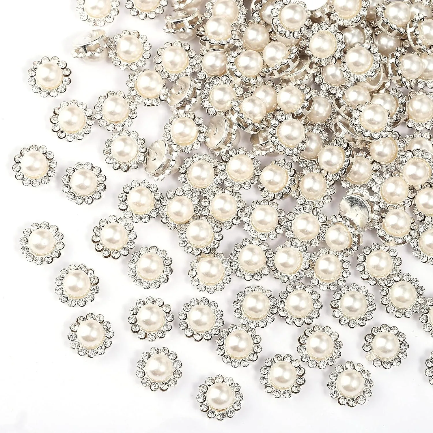 200 Pcs 12MM Sew on Rhinestones White Crystal Glass Metal Base Flower Shape，Flatback Pearls for Crafting，Sewing Accessories for Wedding Clothes and Shoes with Glue