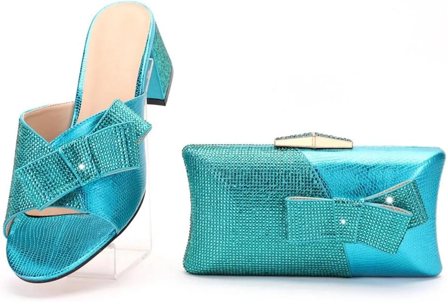 2025 Fashion Designs Womens Casual Summer Wedge Heels Sandal Rhinestone Clutch Italian Shoes And Bag Set Slippers