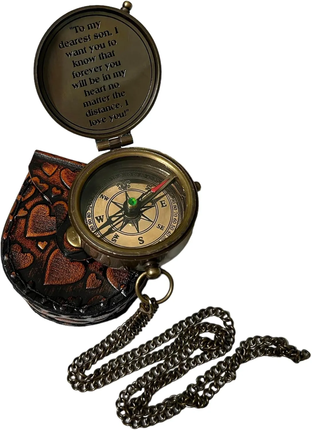 2.25 Inch, Handmade Nautical Brass Push Open Compass On Chain with Leather Case, Pocket Compas with Engraved Quote, Gift for Explorers and Collectors