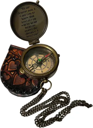 2.25 Inch, Handmade Nautical Brass Push Open Compass On Chain with Leather Case, Pocket Compas with Engraved Quote, Gift for Explorers and Collectors