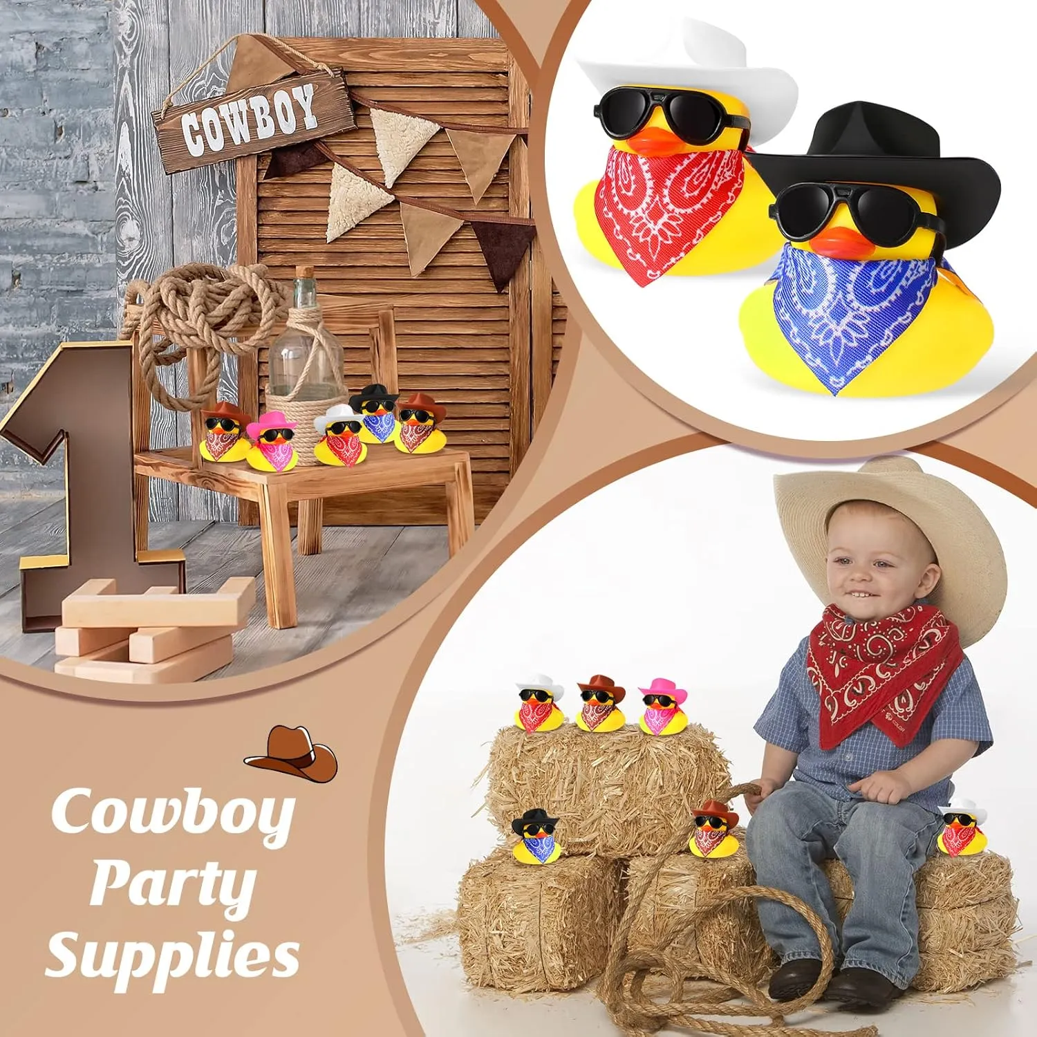 24 Set Cowboy Rubber Duck Mini Yellow Duckies Bath Party Toy Tiny Ducks Bathtub Toy with Cowboy Hat Paisley Bandanas Sunglasses for Summer Baby Shower Birthday Swimming Party, Cute Style