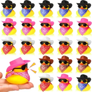 24 Set Cowboy Rubber Duck Mini Yellow Duckies Bath Party Toy Tiny Ducks Bathtub Toy with Cowboy Hat Paisley Bandanas Sunglasses for Summer Baby Shower Birthday Swimming Party, Cute Style