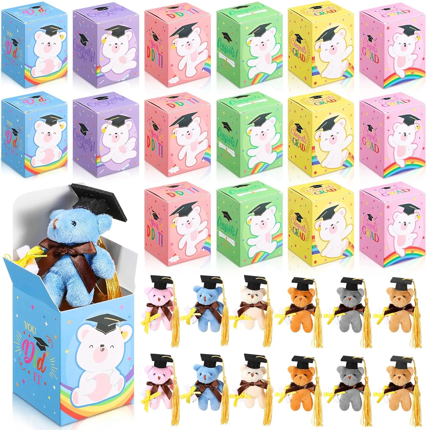 24 Set Mini Graduation Plush Bear with Graduation Gifts Box Graduation Stuffed Animal Keychain with Cap Gift Set for 2025 Graduation Party Graduation Decoration Classroom Exchange Gift