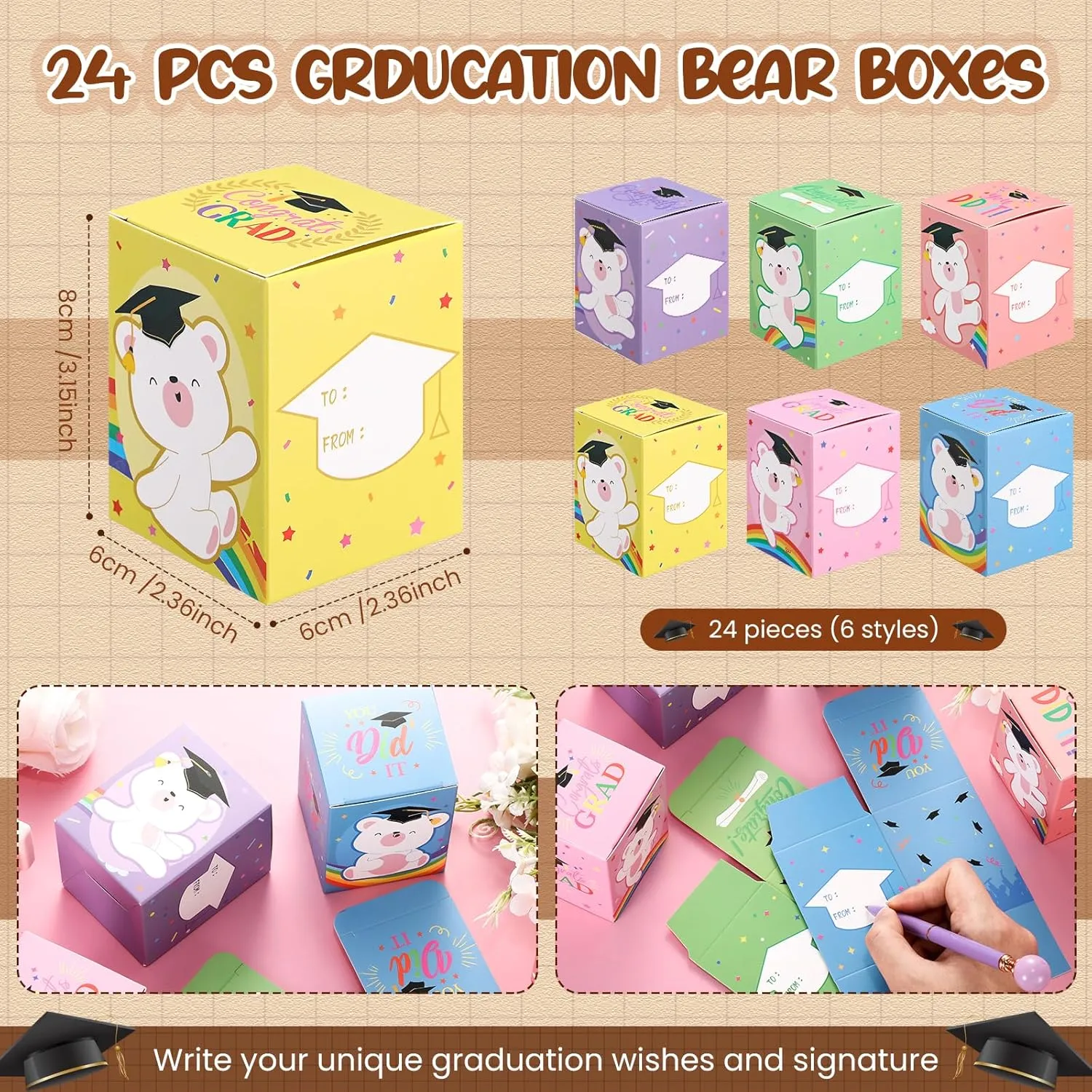 24 Set Mini Graduation Plush Bear with Graduation Gifts Box Graduation Stuffed Animal Keychain with Cap Gift Set for 2025 Graduation Party Graduation Decoration Classroom Exchange Gift