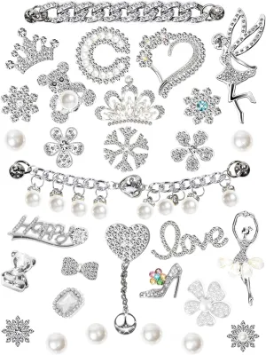 30 PCS Bling Shoe Charms, Luxury Rhinestone Jewelry Shoe Decoration and Chain for Clog Sandals Accessories for Girls Women