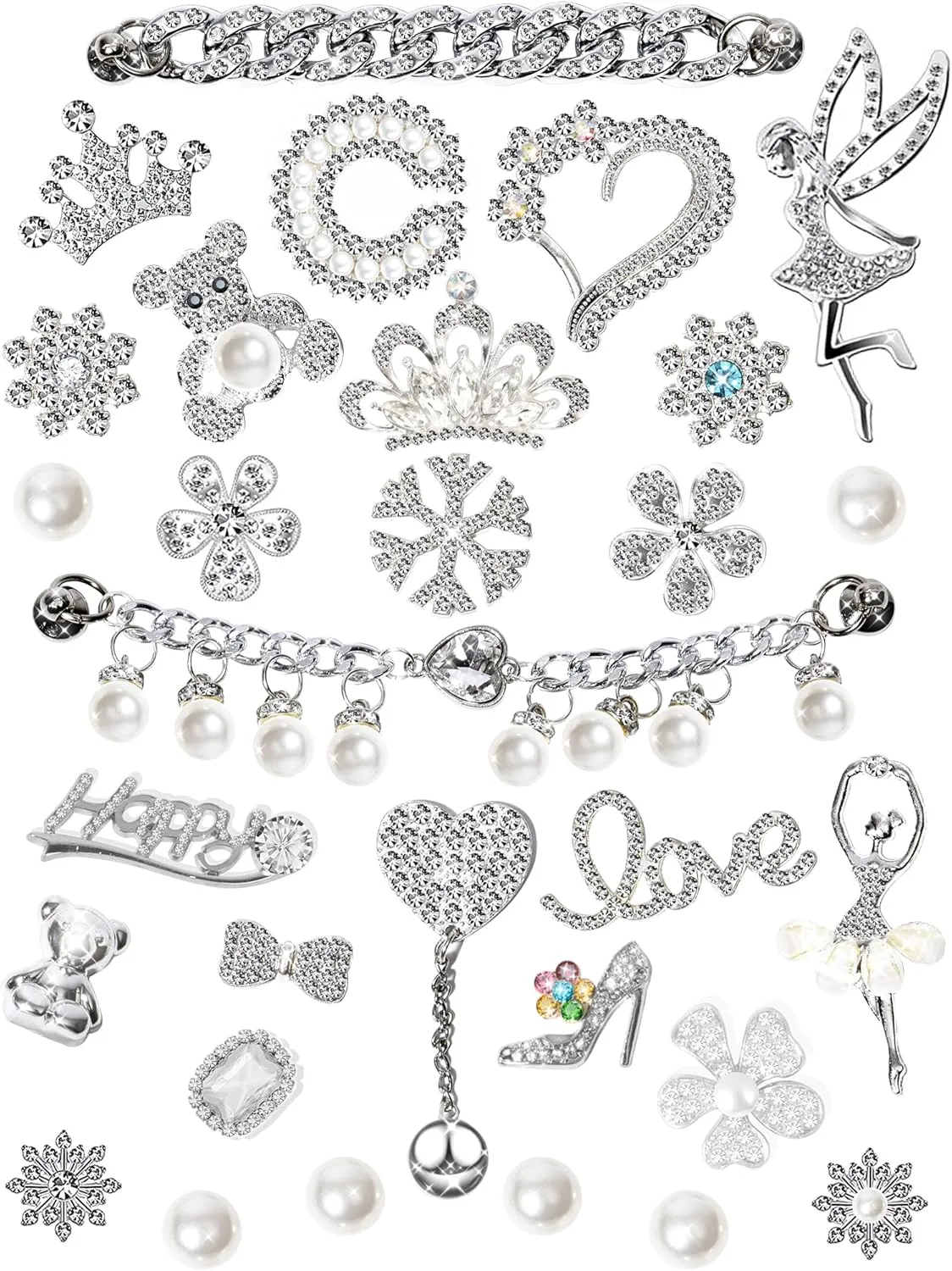 30 PCS Bling Shoe Charms, Luxury Rhinestone Jewelry Shoe Decoration and Chain for Clog Sandals Accessories for Girls Women