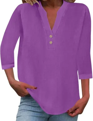3/4 Sleeve Linen Tops for Women 2025 Button Down V Neck Loose Fit Henley Shirts Cute Solid Summer Beach Tees Shirt