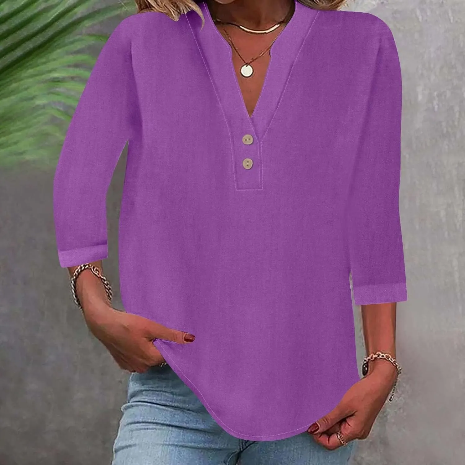 3/4 Sleeve Linen Tops for Women 2025 Button Down V Neck Loose Fit Henley Shirts Cute Solid Summer Beach Tees Shirt
