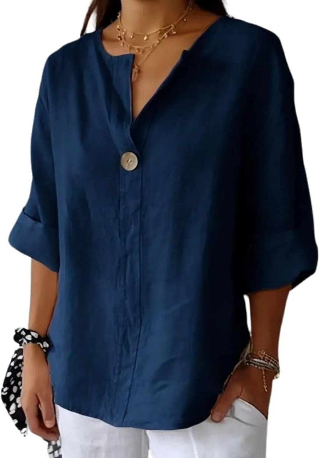 3/4 Sleeve Spring Tops for Women Summer Casual Loose Comfy V Neck Pullover Tops Beach Vacation Linen Shirts Blouses