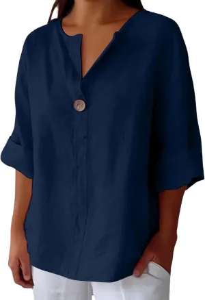 3/4 Sleeve Spring Tops for Women Summer Casual Loose Comfy V Neck Pullover Tops Beach Vacation Linen Shirts Blouses