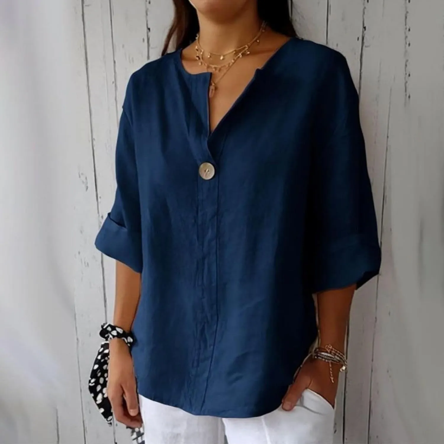 3/4 Sleeve Spring Tops for Women Summer Casual Loose Comfy V Neck Pullover Tops Beach Vacation Linen Shirts Blouses